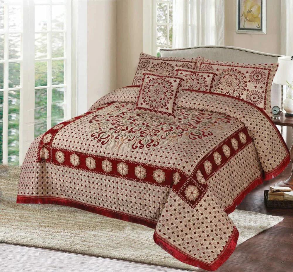 Premium Fomi Four Border Jacquard Bed Sheet Set – 5 Pcs: 1 Fomi Bed Sheet, 2 Pillow Covers, 1 Cushion Cover