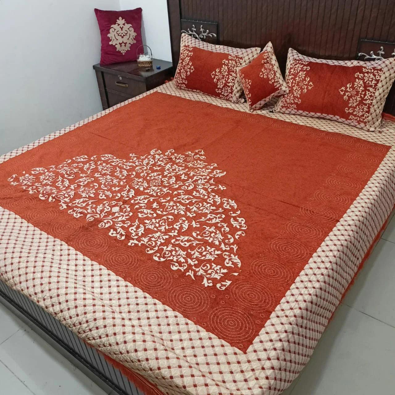 Premium Fomi Four Border Jacquard Bed Sheet Set – 4 Pcs: 1 Fomi Bed Sheet, 2 Pillow Covers, 1 Cushion Cover