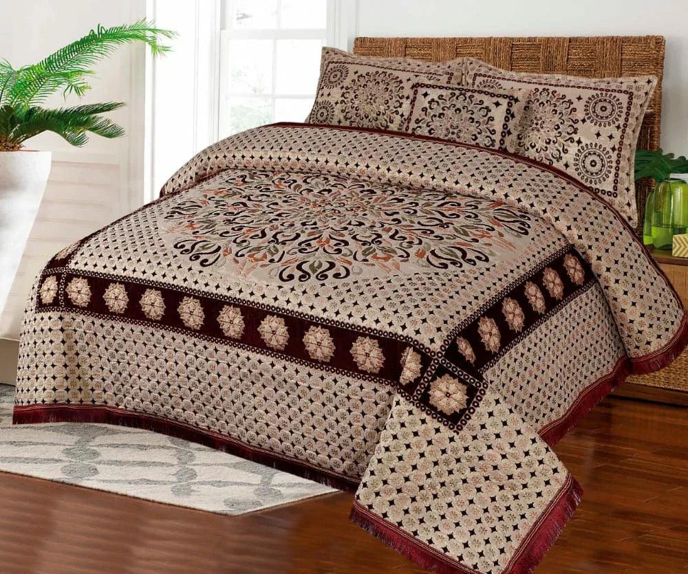 Premium Fomi Four Border Jacquard Bed Sheet Set – 5 Pcs: 1 Fomi Bed Sheet, 2 Pillow Covers, 1 Cushion Cover