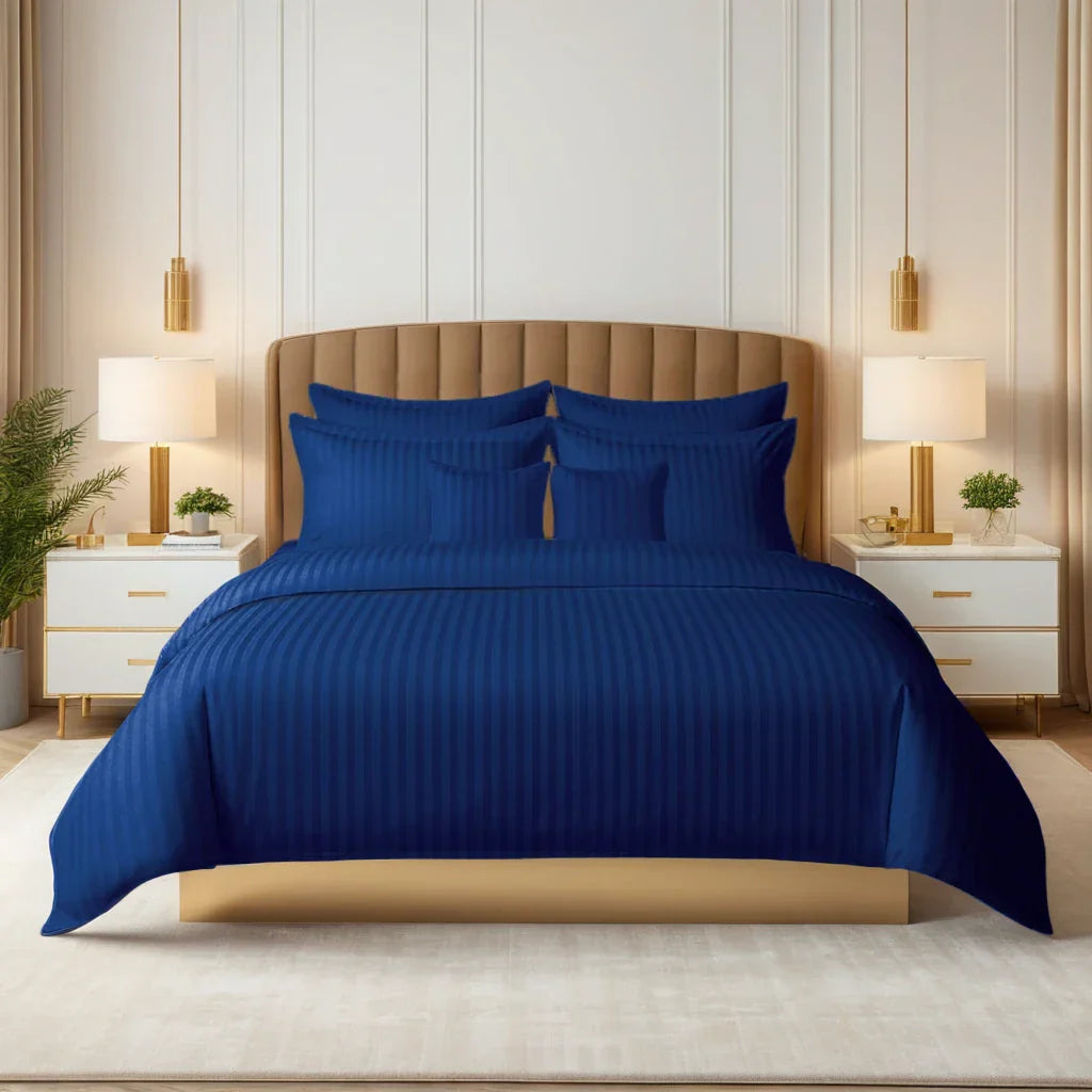 Navy Satin Stripe Duvet Covers Set – 8 Pieces